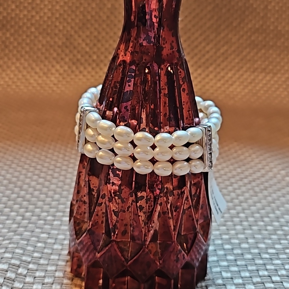 Honora Fresh Water Oval Cultered Pearl Bracelet 3 strand w 3 Swarovski CZ Bars - Picture 3 of 7